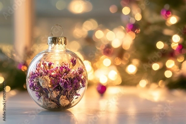 Fototapeta A clear glass ornament holds beautiful dried flowers, creating a charming decoration. Soft festive lights twinkle in the background, adding warmth to the scene during the holiday season
