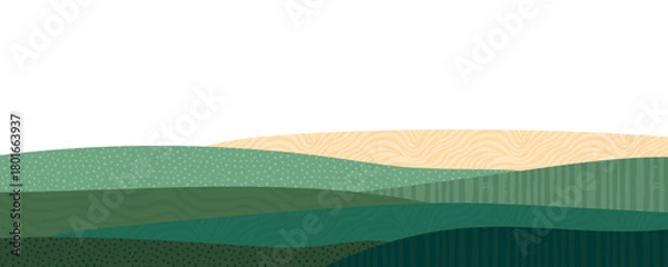 Fototapeta Green farm, abstract agriculture, garden template, field layout vector textured illustration. Green nature pattern, crop, hill, mountains. Ecological wavy ornament, eco header, sustainable scenic view