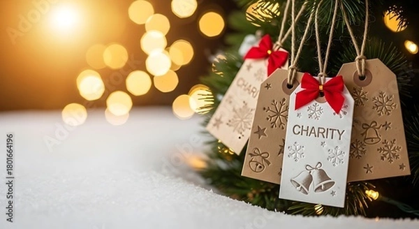 Fototapeta Charity tags hanging from Christmas tree with snow and lights  