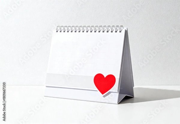 Obraz A mockup calendar with a spiral binding and a red heart design on the front. The calendar is placed on a white surface against a light background.