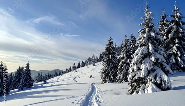 Obraz Snowy Winter Wonderland - A Serene Landscape of Trees and Sky.