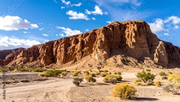 Fototapeta Striking Desert Landscape with Towering Red Rock Formations and Blue Sky.