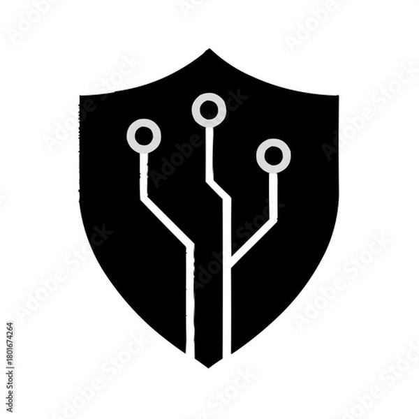 Obraz Black and white security shield icon vector illustration, a key symbol of metal safety and web access