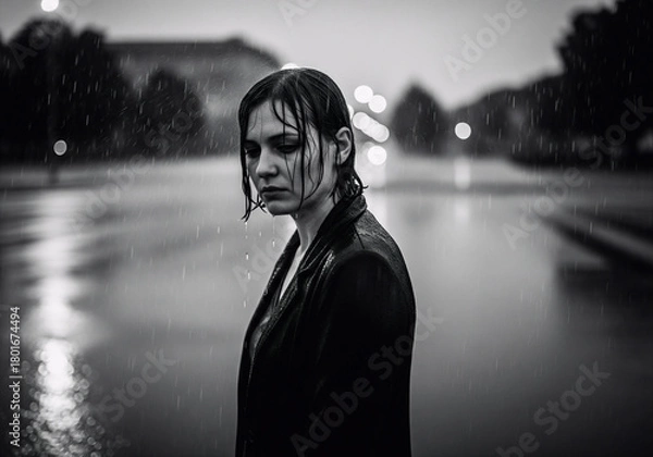 Fototapeta Black and White Portraits with Intense Expressions in the Rain
