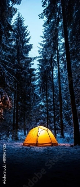 Fototapeta Cozy Glow of Tent Among Tall Pine Trees in Winter Forest Scene