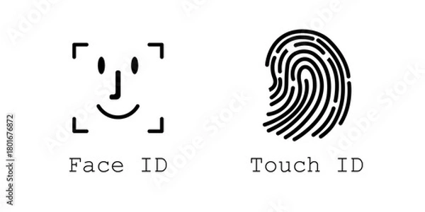 Fototapeta Face ID and touch iID icon set. Fingerprint sign. Identification icons. Facial recognition system, identification face. Finger scanner. Biometric verification. Vector.