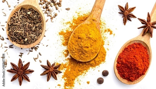 Obraz Assortment of aromatic spices in wooden spoons on white background.