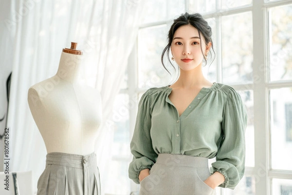 Fototapeta Young Asian female fashion designer stands with hands in pockets next to mannequin in her brightly lit studio, perfect for showcasing creative professions or entrepreneurial ventures