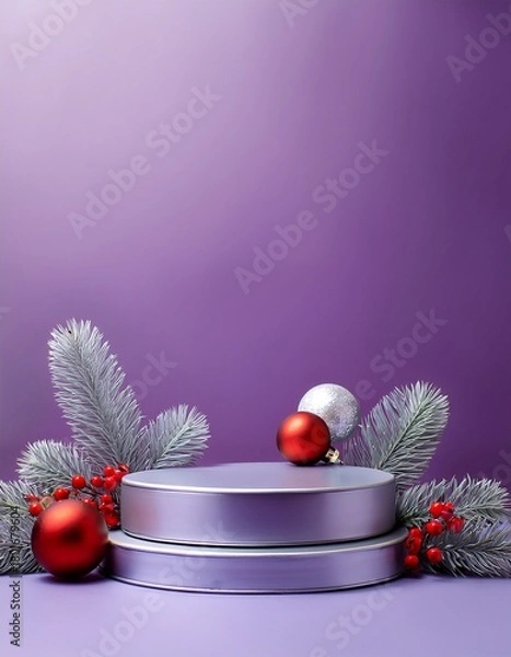 Fototapeta Empty purple podiums on lilac background with silver and red ball decorations and holly branches with red berries. Christmas concept