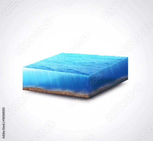 Fototapeta 3d isolated illustration section water ocean slice with bottom under water on white background
