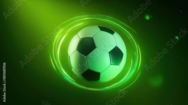 Fototapeta Soccer Ball on Glowing Green Background with Dynamic Light Swirl and Copy Space
