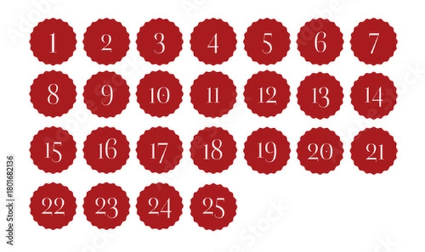 Fototapeta Advent calendar numbers 1 to 25 in red scalloped circle tags, countdown design for Christmas, flat vector