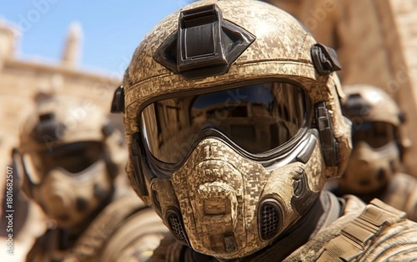Fototapeta Close up of modern tactical helmet with protective mask in desert environment, military gear concept