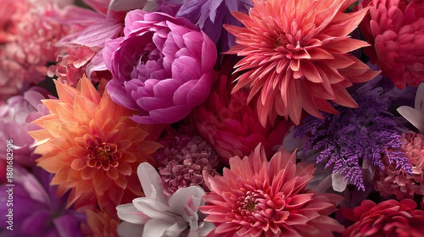 Fototapeta Blooming flowers in rich pink, purple, red and orange tones in a lush floral composition.