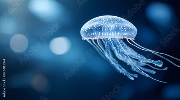 Fototapeta Translucent jellyfish gracefully swimming in the deep blue ocean.