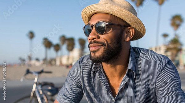 Fototapeta Confident black man enjoying a sunny day on the beach, in a straw hat, sunglasses and striped shirt, with a bike beside him and palm trees in the background.