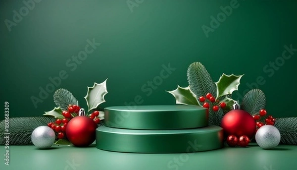 Fototapeta Empty green podiums on green background with silver and red ball decorations and holly branches with red berries. Christmas concept