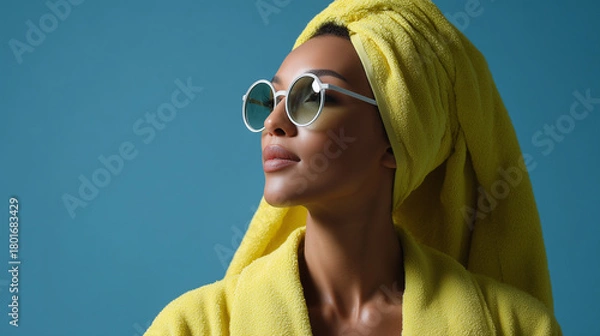 Fototapeta Stylish woman in yellow towel, bathrobe and sunglasses exudes confidence and relaxation with serene look against blue background.