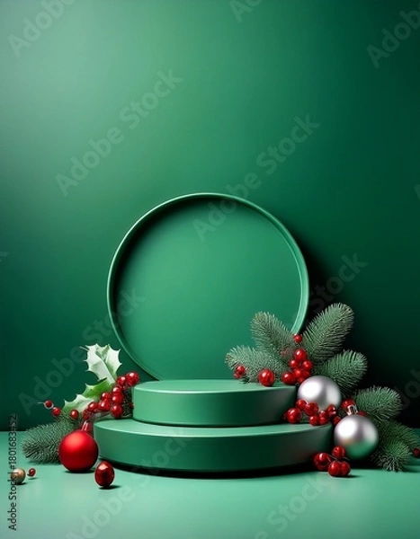 Fototapeta Empty green podiums on green background with silver and red ball decorations and holly branches with red berries. Christmas concept