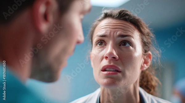 Fototapeta A concerned doctor listens intently to a colleague, displaying worry and empathy. Useful for illustrating healthcare challenges, stress, or ethical dilemmas in a medical environment.