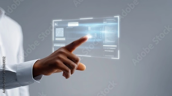 Fototapeta Futuristic Hand Interacting with Holographic Display Showcasing Digital Interface and Advanced Technology in Contemporary Business Environment