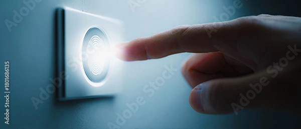 Obraz Finger presses a glowing fingerprint scanner on a wall for secure access control system usage
