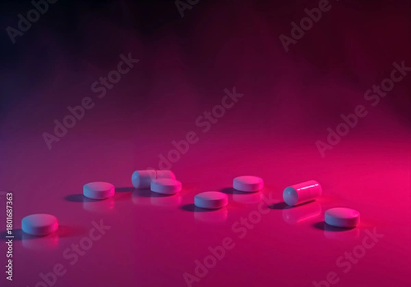 Fototapeta Dramatic Studio Shot of White Pills on Reflective Pink Surface
