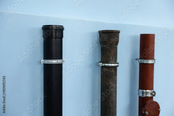 Fototapeta Various materials of vertical pipes mounted on a blue wall create an industrial aesthetic