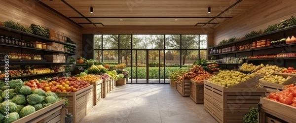 Fototapeta Modern grocery store interior featuring fresh fruits, vegetables, and organic produce displayed in wooden crates with natural light from large windows.
