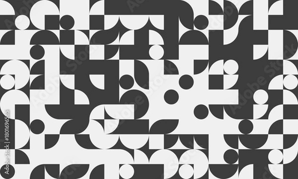 Fototapeta Abstract geometric monochrome pattern.  Stylish, modern design featuring circles, squares, and semicircles in a repeating motif. Ideal for backgrounds, textiles, and contemporary design projects.
