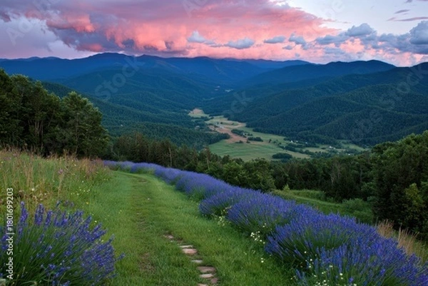 Fototapeta Serene Landscape with Lavender Fields and Majestic Mountain View