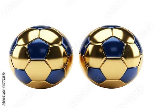 Fototapeta Two golden and blue soccer balls isolated on transparent background for sports and awards
