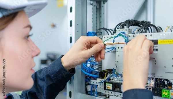Obraz Precise Engineering: A skilled engineer, meticulously connects wires inside a control panel, showcasing dedication and technical expertise.