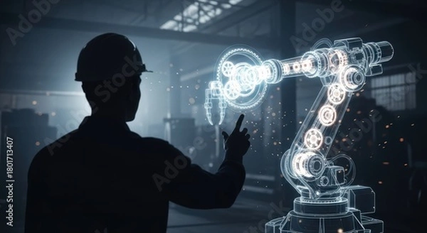 Fototapeta Engineer interacting with futuristic holographic robot arm in industrial setting