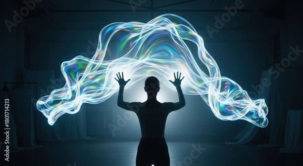 Fototapeta Silhouette of a person creating a swirling ethereal light energy above their hands