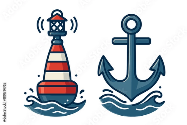 Fototapeta Striped marine navigation buoy and heavy ship anchor floating on ocean waves