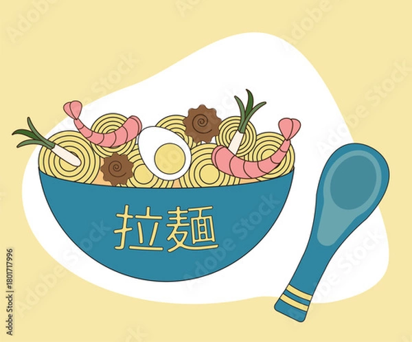 Obraz Ramen, bowl of ramen with shrimp, spoon, hieroglyph, Japanese cuisine