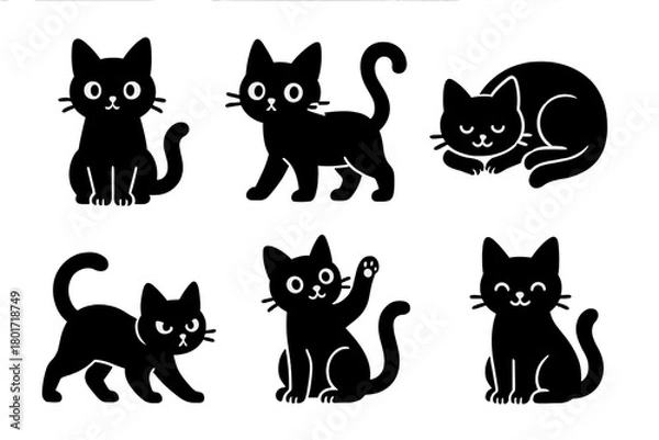 Fototapeta Six stylized black cat silhouettes in various playful and resting poses