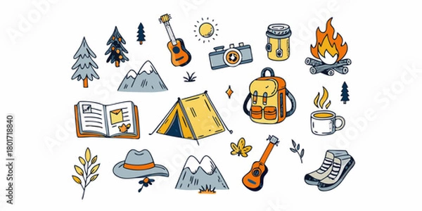 Obraz Collection of hand drawn camping and outdoor adventure elements with a playful doodle style
