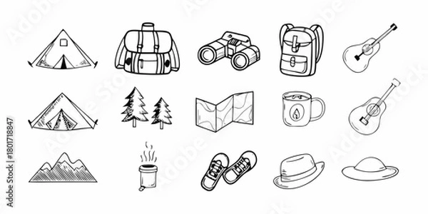 Obraz Collection of hand drawn camping and outdoor adventure icons and illustrations in black and white