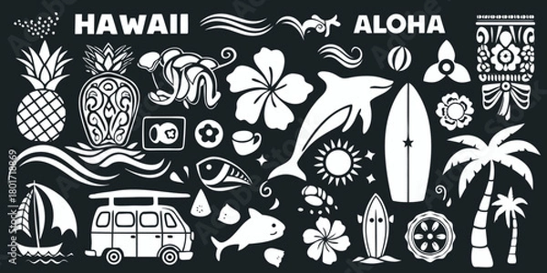 Obraz Hawaiian aloha collection featuring tropical icons and beach elements on black background