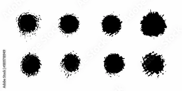 Fototapeta Collection of eight black ink splatter circles with rough edges and white background