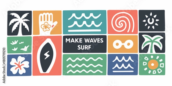 Obraz Colorful collage of surf inspired icons and text make waves surf