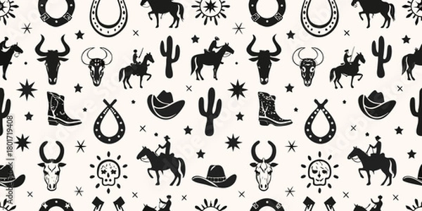 Obraz Western cowboy seamless pattern with horses cacti cowboy hats and bull skulls