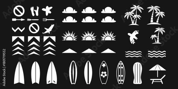 Obraz Collection of white summer vacation and beach icons on a black background including surfboards palm trees sun waves and clouds
