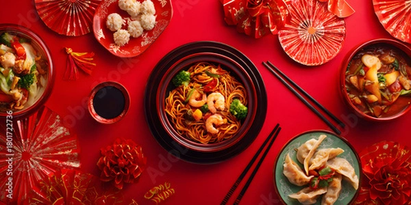 Obraz A beautiful festive background with Chinese cuisine dishes for the Chinese New Year celebration