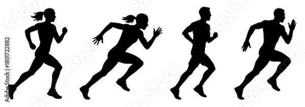Fototapeta Running man and woman silhouettes. Vector set. Male and female runners figure shapes. Bare and naked slim healthy people work out
