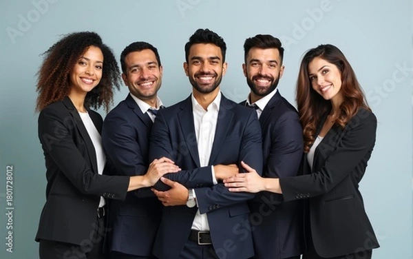 Obraz Portrait of business people of different ethnic backgrounds dressed in suits, they smile and cross their arms. Concept of: internationality and career, cooperation and team. High quality