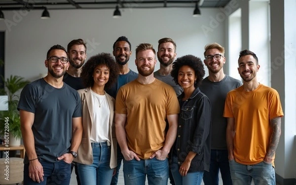Fototapeta Portrait of diverse group of colleagues standing together in startup office. High quality