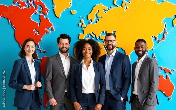 Obraz Smiling diverse and young people dressed in business attire standing in front of a world map. This is a studio shoot with a vibrant background, an enterprising global management concept. High quality
